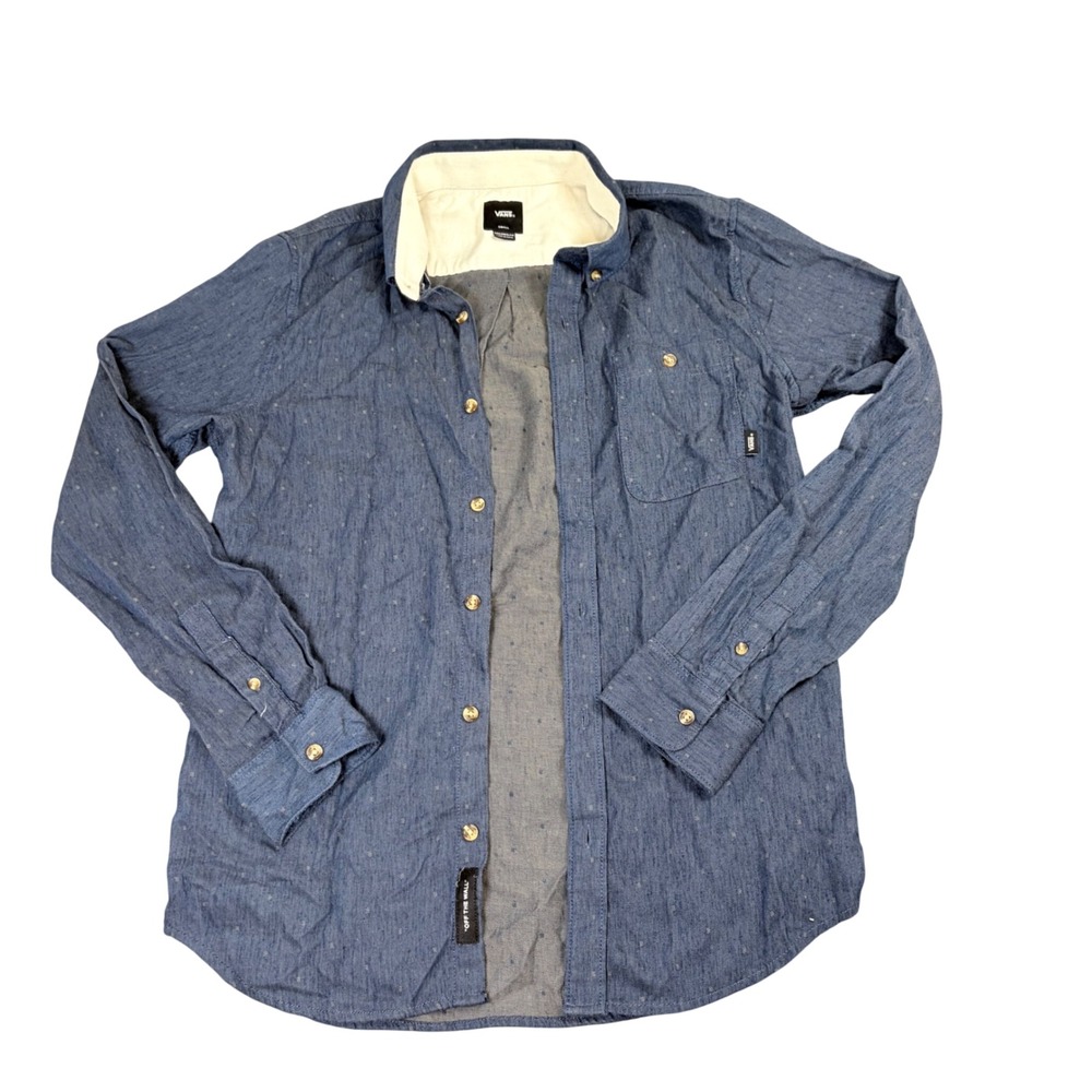 Vans Mens Small Blue Tailored Fit Micro Dot Long Sleeve Button Down Shirt